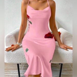 Y2K Pink Rose Print Coquette Feminine Cowl Neck Crisscross Back Satin Cami Slip